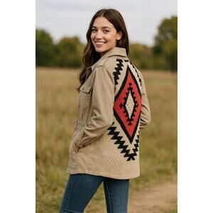 Davi & Dani Southwesterm Aztec Cuordory Shacket Sm Taupe,Coral Knit back Western